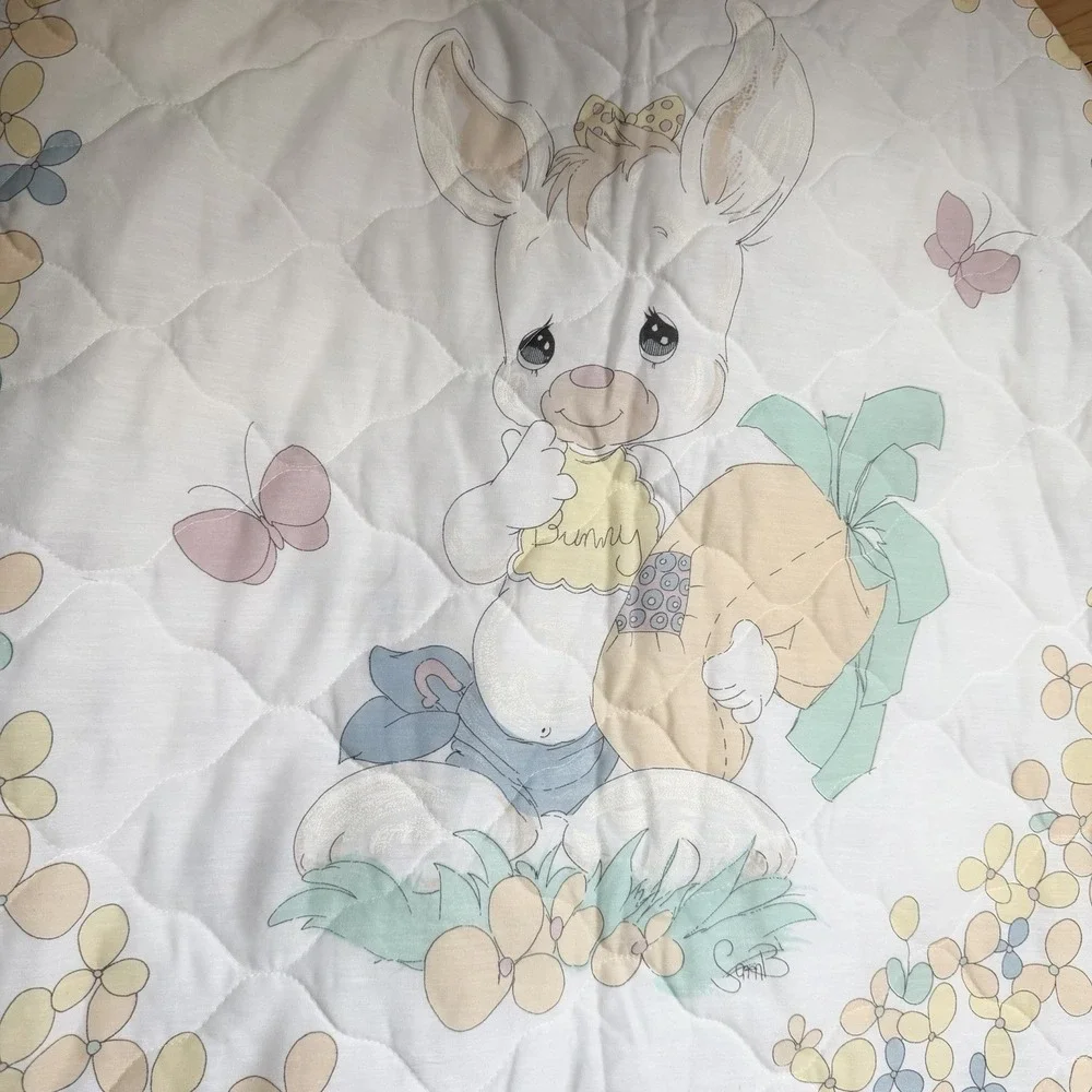 Vintage Precious Moments Baby Blanket Bunny Butterfly White Boy Girl Nursery 90s